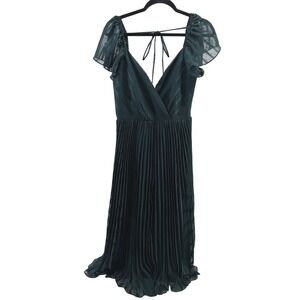 Lulus Emerald Green Pleated Midi Dress L NWT Flutter Sleeve V Neck Party Wedding